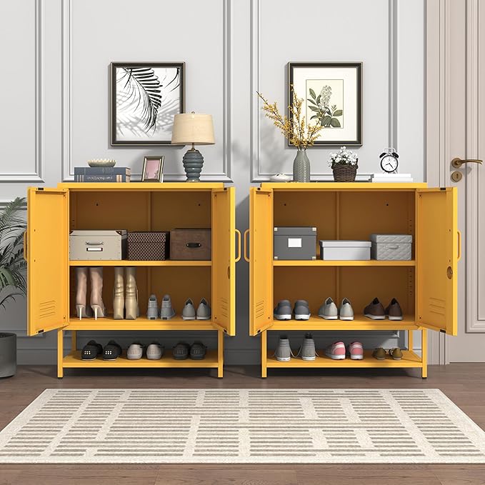 Metal Shoe Storage Cabinet with Lock, 2-Door Multifunctional Shoe Organizer with Adjustable Shelf & Bottom Shoe Rack, Freestanding Entryway Furniture, Yellow 33" H X 29.5" W X 13.8" D