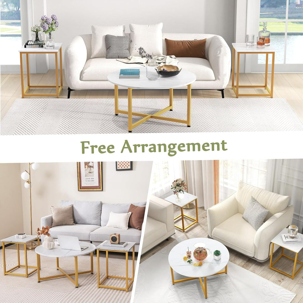 COSTWAY Coffee Table Set of 3, Round Faux Marble Coffee Table and 2 Square En...