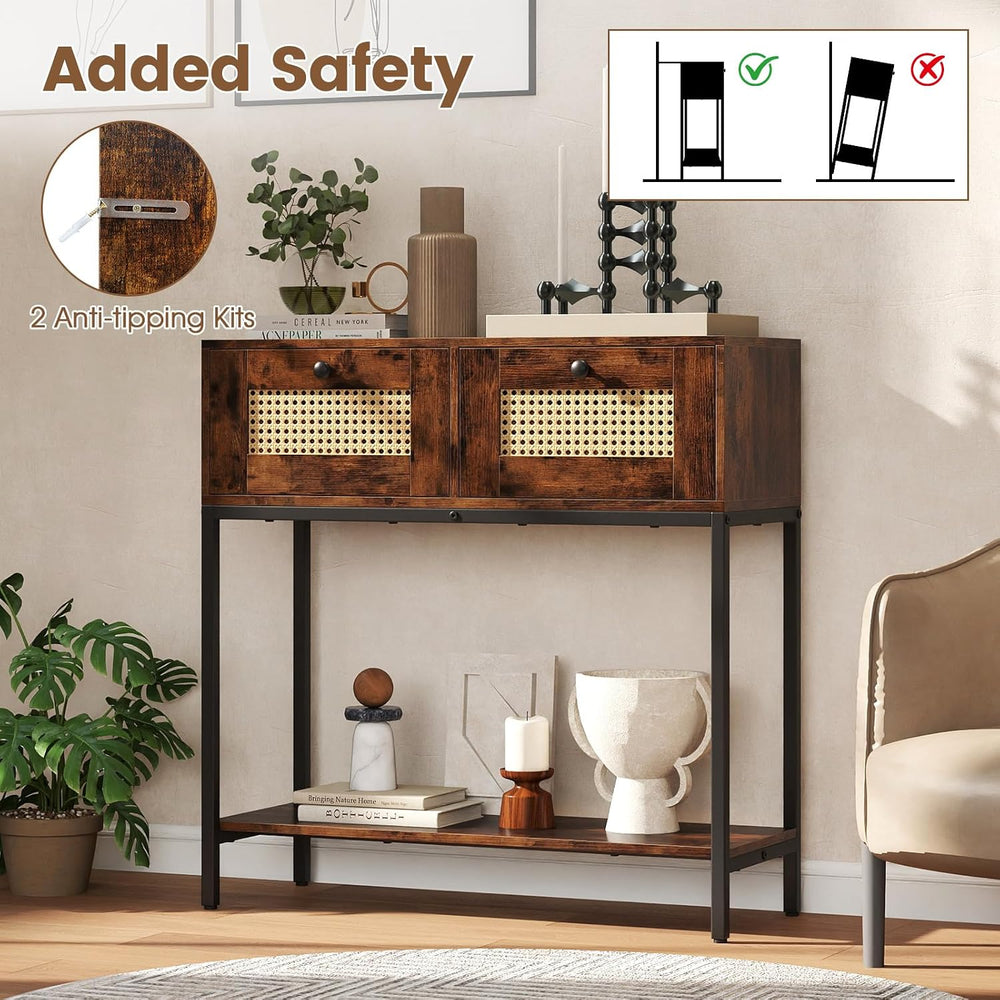 GOFLAME Rattan Console Table, Boho Entryway Table with 2 Drawers & Open S...