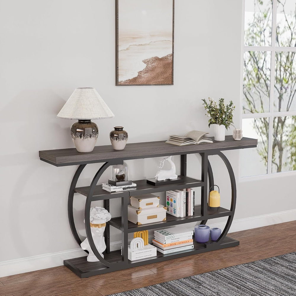 63” Industrial Console Table with 4-Tier Display Shelves, Narrow Long Sofa Ta...
