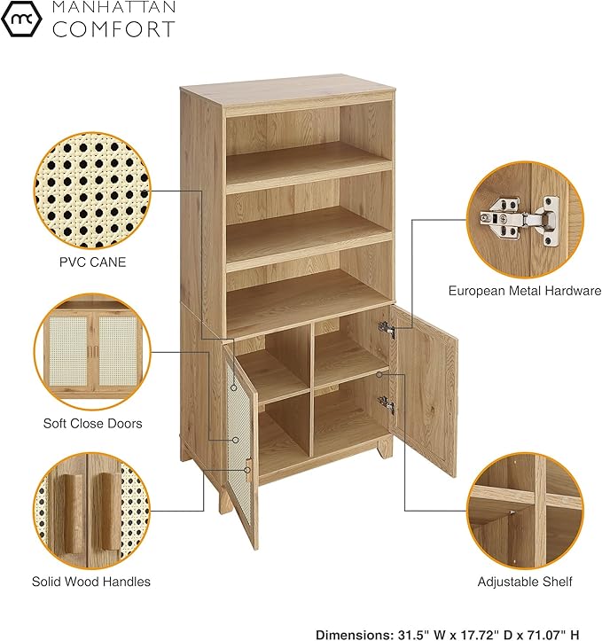 Manhattan Comfort Sheridan Modern Cane Bookcase with Adjustable Open Shelves, Soft Close Doors, and Concealed Compartments, Versatile 3 Tier Bookshelf Storage for Home and Office, Set of 2, Nature