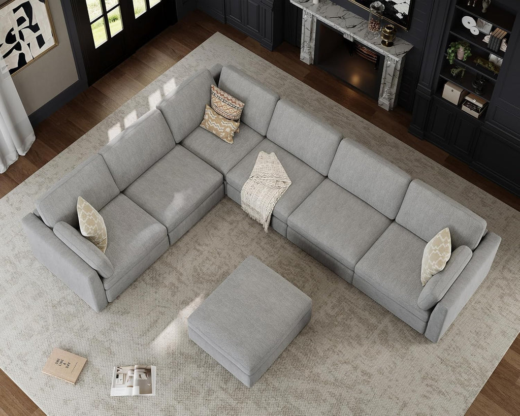 Oversized Modular Sectional Sofa V-Shaped Cloud Couches Gray | 7 Seater Large Deep Seat Couch Luxury Sectional Couches for Living Room, Solid Wood Frame, Removable Washable Cover