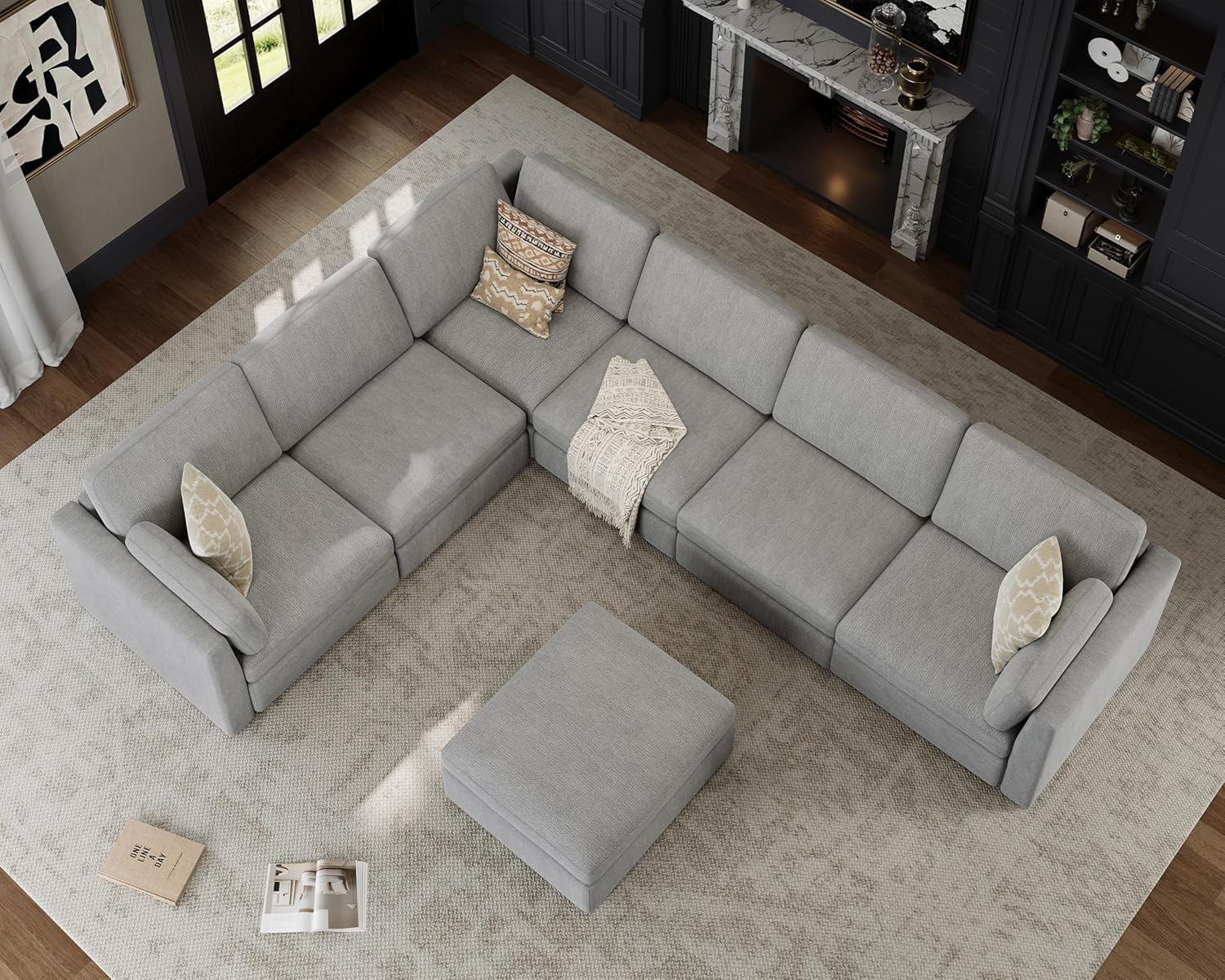 Oversized Modular Sectional Sofa V-Shaped Cloud Couches Gray | 7 Seater Large Deep Seat Couch Luxury Sectional Couches for Living Room, Solid Wood Frame, Removable Washable Cover