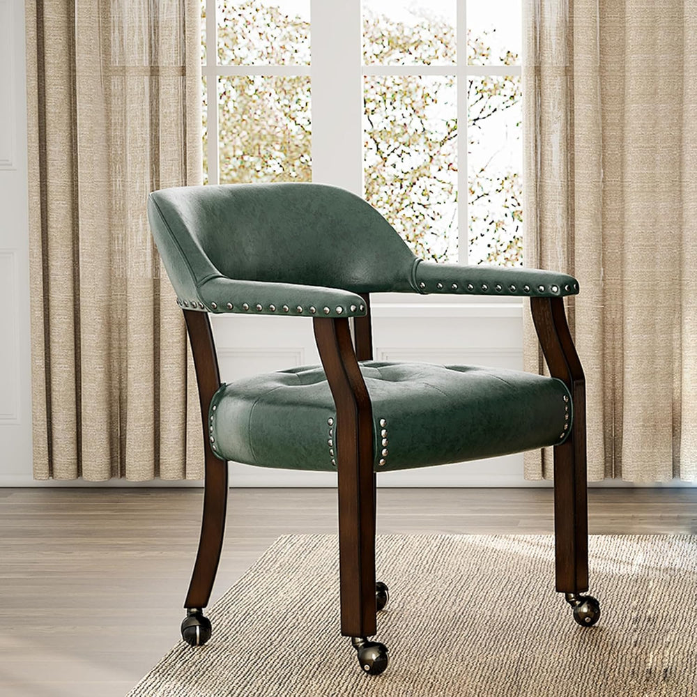 Dining Chair with Casters & Arms, PU Poker Chairs, 360° Move-Green | Kitc...