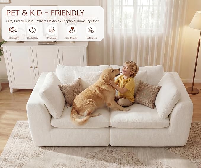 79'' Oversized Cloud Sectional Boneles Loveseat for Living Room, Modern Big Compressed 2 Seater Couch with 2 Throw Pillows, Comfy Chenille Deep Seat Memory Foam Spineless 2 Person Couch, Beige | No Assembly Needed, Premium Chenille, Flexible Modular, W...