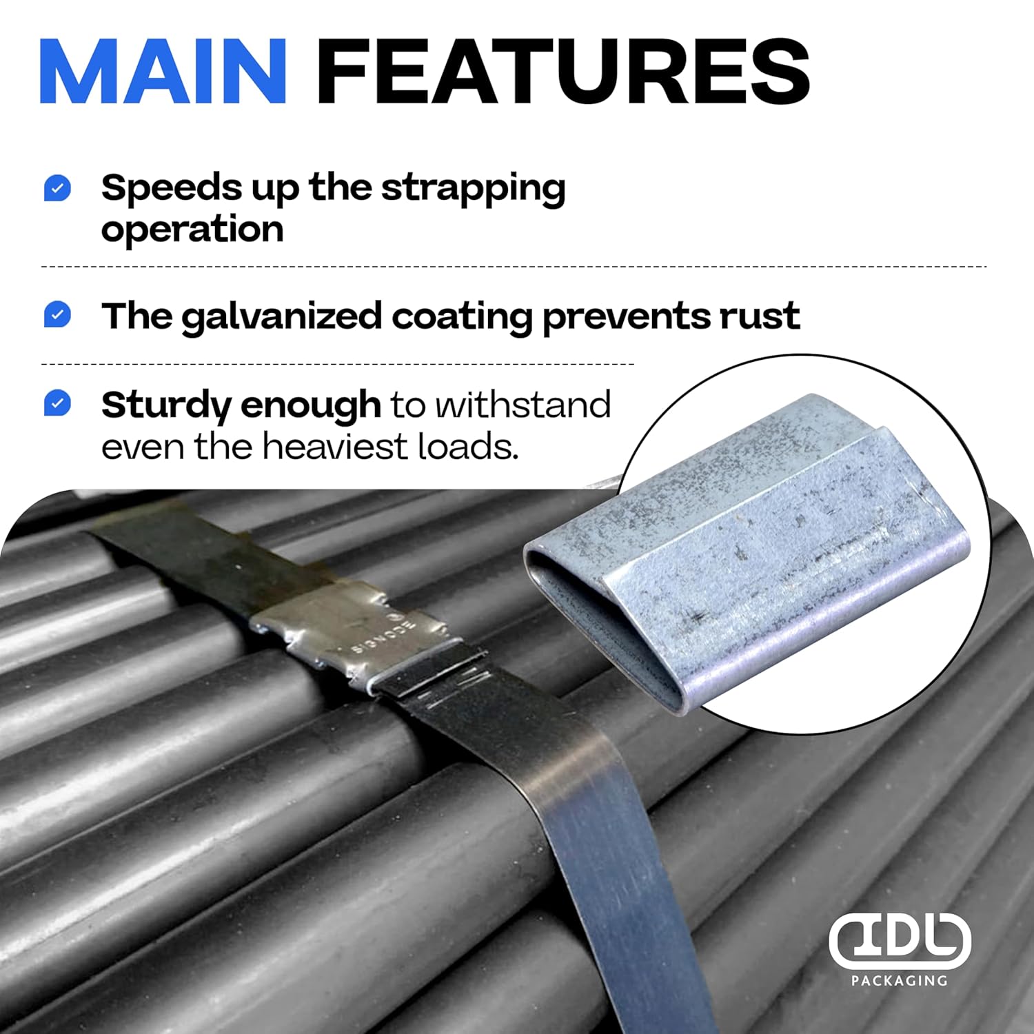 IDL Packaging Closed (Push Type) Seals for 1/2" Strap Width Steel Strapping (Pack of 1000) - Superior Holding Power - Sturdy Metal Clips for Reliable Securing of Packaging Banding