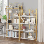 JSB 5 Tier Folding Bookshelf,Industrial Storage Shelves, No Assembly Vintage Wood Look Bookshelf with Storage Shelves for Living Room, Bedroom, Office (White and Gold)