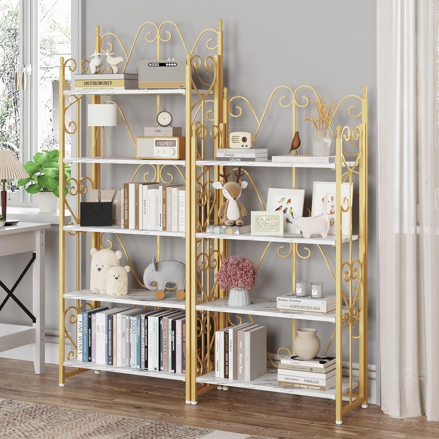 JSB 5 Tier Folding Bookshelf,Industrial Storage Shelves, No Assembly Vintage Wood Look Bookshelf with Storage Shelves for Living Room, Bedroom, Office (White and Gold)