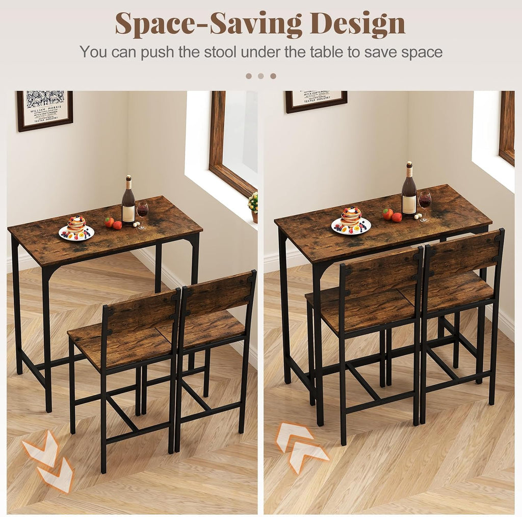 Tangkula 3 Piece Counter Height Bar Table Set, Pub Table and Chairs Set of 2, High Top Console Table with Stools for 2, Space-Saving Dinette Set for Breakfast Nook (Rustic Brown)