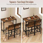 Tangkula 3 Piece Counter Height Bar Table Set, Pub Table and Chairs Set of 2, High Top Console Table with Stools for 2, Space-Saving Dinette Set for Breakfast Nook (Rustic Brown)