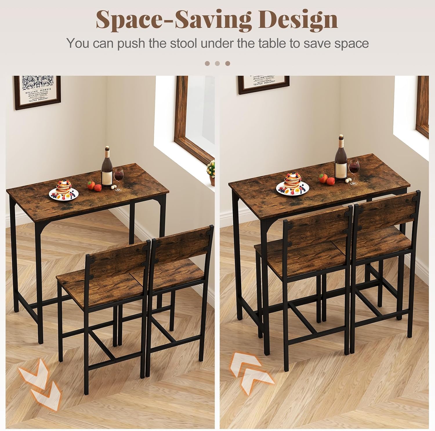 Tangkula 3 Piece Counter Height Bar Table Set, Pub Table and Chairs Set of 2, High Top Console Table with Stools for 2, Space-Saving Dinette Set for Breakfast Nook (Rustic Brown)
