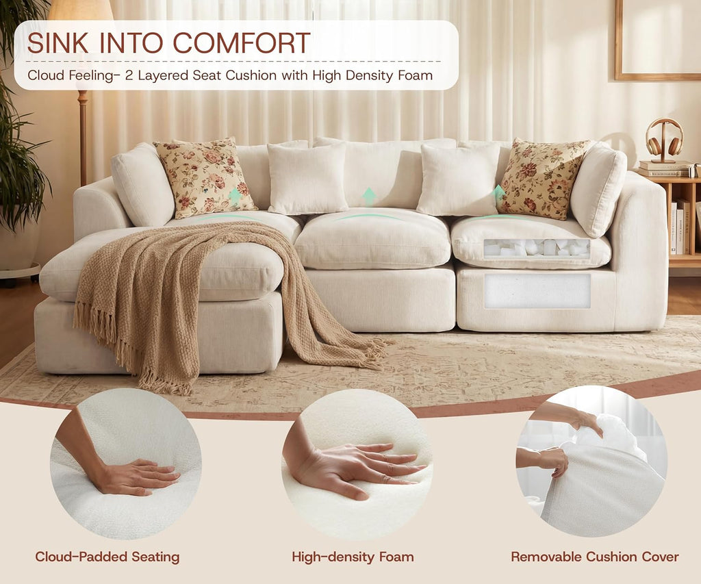 GRUSIGN 110'' Oversized Boneless Cloud Couch for Living Room, Modern Big Sectional Compressed L Shape Couch with Ottoman, Comfy Chenille Deep Seat Memory Foam Spineless 4 Seater Sofa, Beige