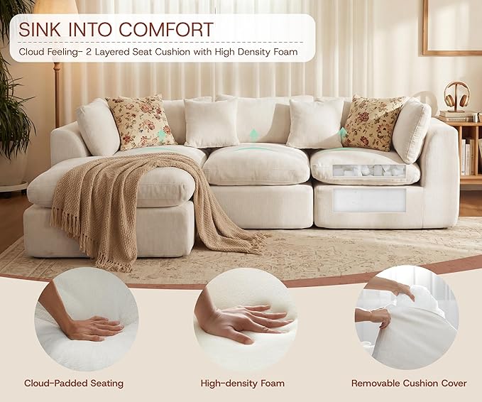110'' Oversized Cloud Sectional Boneless Couch for Living Room, Modern Big Compressed L Shape Couch with Ottoman & 2 Throw Pillows, Comfy Chenille Deep Seat Memory Foam Spineless 4 Seater Sofa,Beige | Washable Covers, Premium Chenille, Versatile Style,...