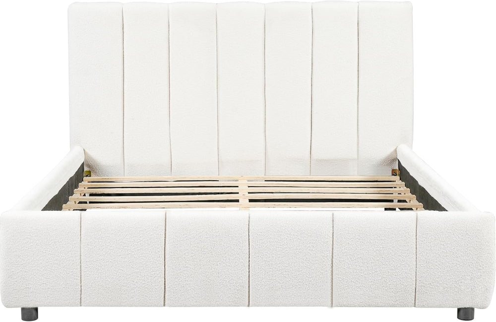 Merax Boucle Upholstered Queen Bed Frame with 42.7" High Headboard &...