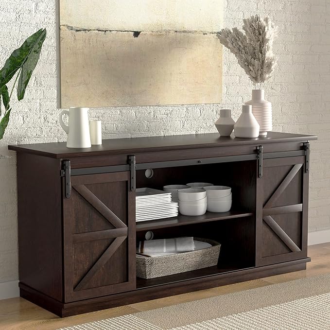YESHOMY TV Stand for Televisions up to 65 Inches, with Sliding Barn Doors and Storage Cabinets, Console Table and Media Furniture for Living Room, 58 Inch, Espresso