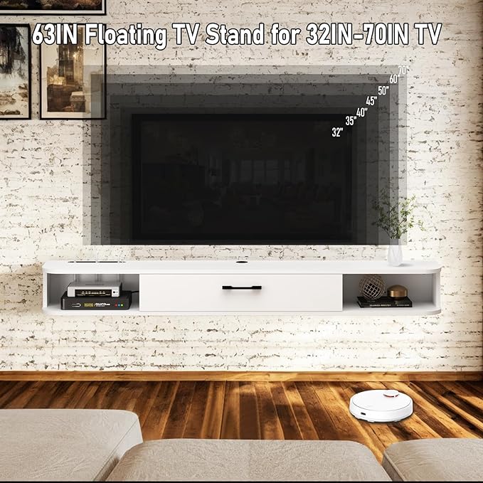 Floating TV Unit, 63'' Wall Mounted TV Cabinet, Floating Shelves with Door, Modern Entertainment Media Console Center Large Storage TV Bench for Living Room & Office (62.99IN, White)