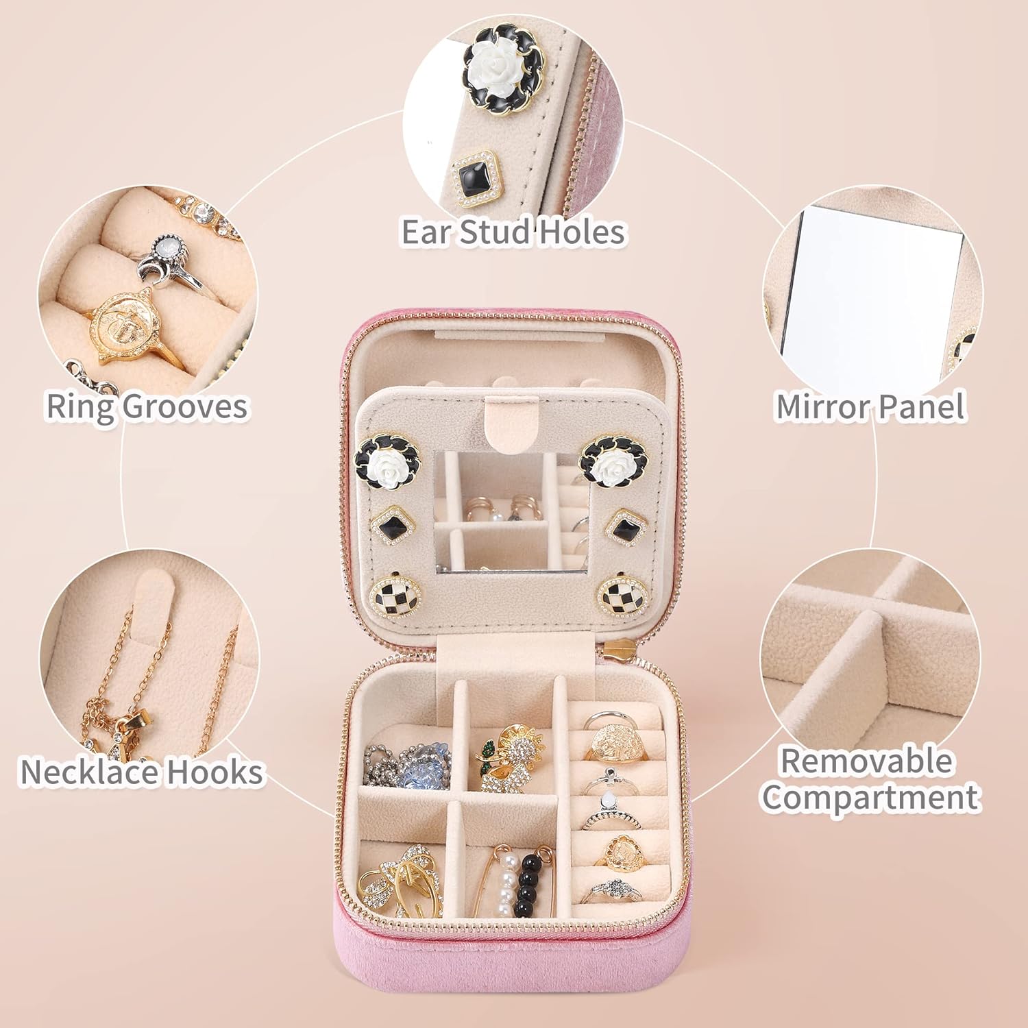 Dajasan Velvet Travel Jewelry Box, Mini Travel Jewelry Case, Small Portable Travel Jewelry Organizer Box with Mirror for Earrings Bracelets Rings Necklace (Pink)