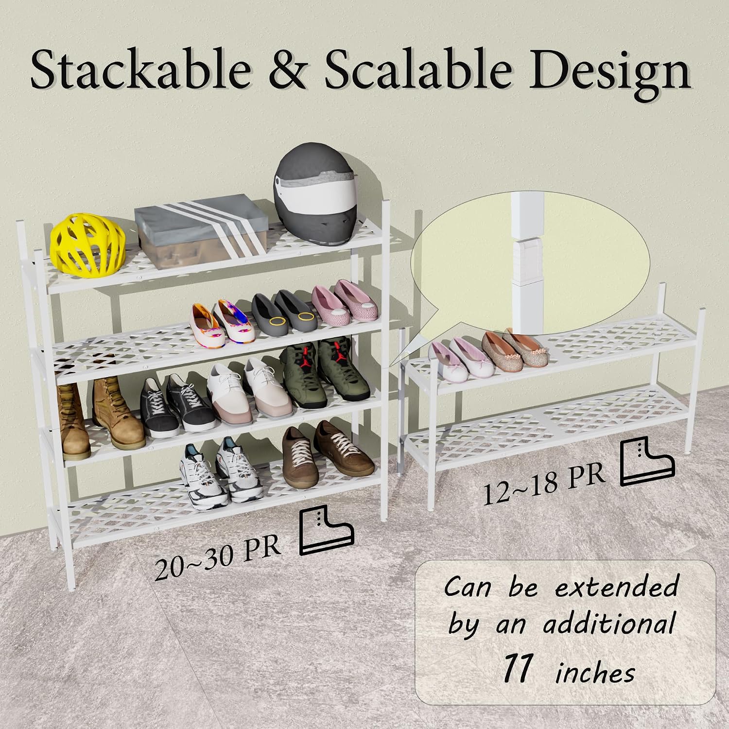 Shoe Rack, 45.6" Expandable Shoe Storage Organizer for Closet - Stackable | 2-Tier Metal Long Shoe Shelf with Sturdy Wire Grid Shoe Stand Holder for Entryway, Garage, Bedroom, Door Entrance, White