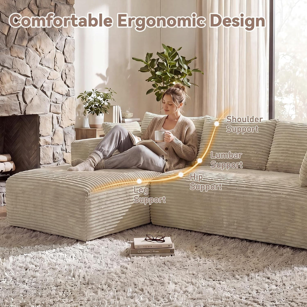 107" L-Shaped Boneless Sectional Sofa with Left-Facing Chaise, Beige | Deep-seat corduroy cloud couch with a modular boneless design and no assembly required for easy, comfortable lounging.