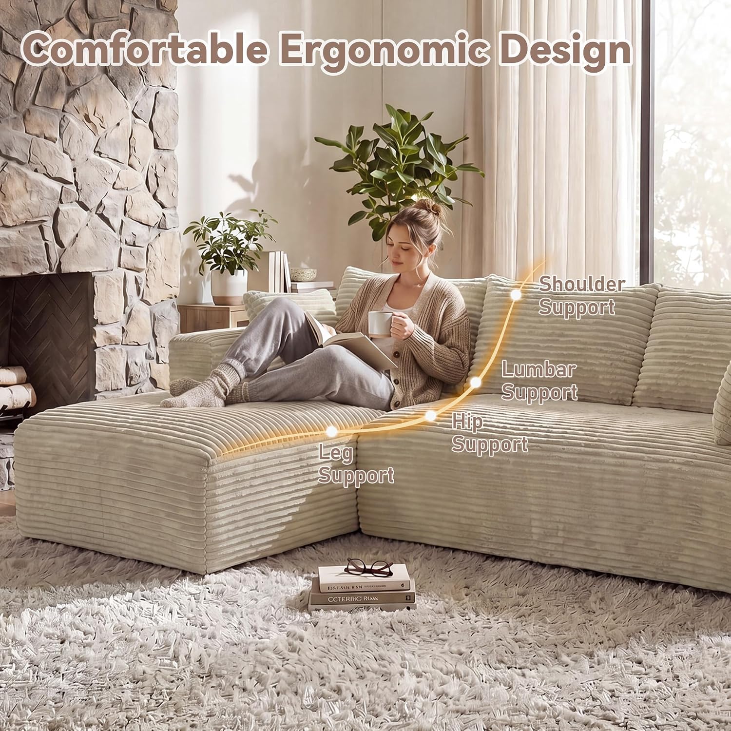 107" L-Shaped Boneless Sectional Sofa with Left-Facing Chaise, Beige | Deep-seat corduroy cloud couch with a modular boneless design and no assembly required for easy, comfortable lounging.