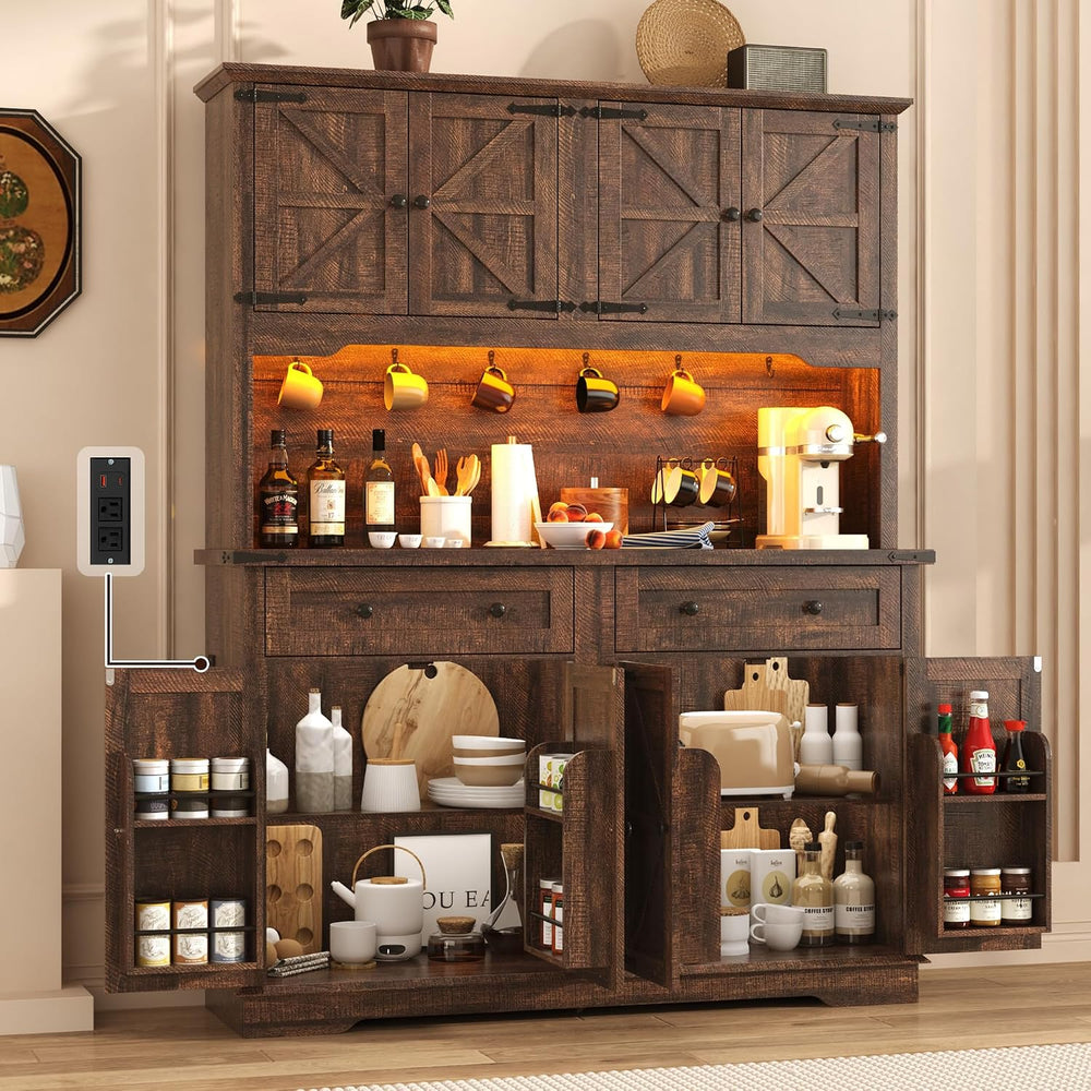 71" Tall Large Pantry Storage Cabinet w/Power Outlet,55" Wide Farmh...