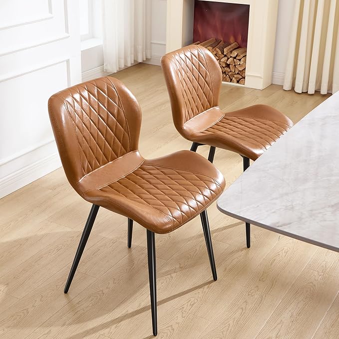Dining Chairs Set of 2, Comfy Modern Dining Chairs with Thick Cushions, Upholstered Faux Leather Kitchen Side Chairs with Adjustable Metal Legs for Dining Room (Caramel)