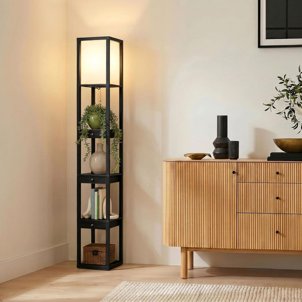 Brightech Maxwell Drawer Edition - Modern Shelf Floor Lamp with Drawer - Corn...