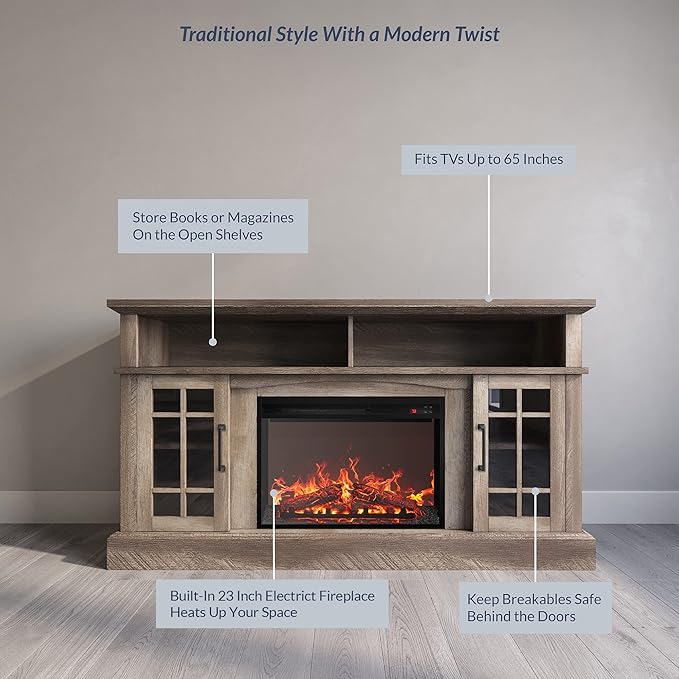 BELLEZE Traditional 58" Rustic TV Stand with 23" Electric Fireplace Heater with Sound, Media Entertainment Center Console Table for TV up to 65" with Open Storage Shelves and Cabinets - Ashland Pine