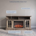BELLEZE Traditional 58" Rustic TV Stand with 23" Electric Fireplace Heater with Sound, Media Entertainment Center Console Table for TV up to 65" with Open Storage Shelves and Cabinets - Ashland Pine
