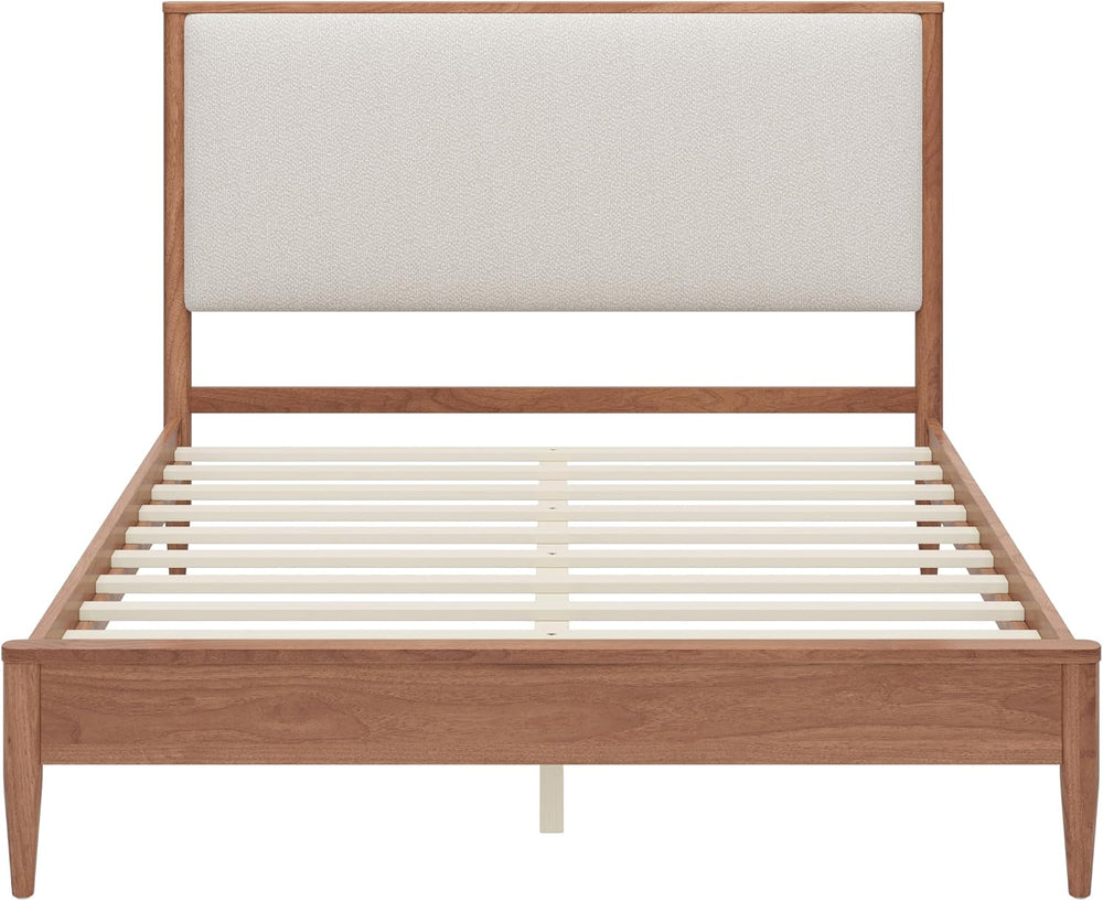 SOFTSEA Solid Wood Queen Bed Frame with Upholstered Headboard, Mid Century Mo...