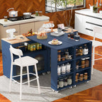 Rolling Kitchen Island Set with Extended Table, LED Lights, Power Outlets, 2 Fluted Glass Doors, a Storage Compartment, Side 3 Open Shelves for Dining Room Kitchens Living Room Navy