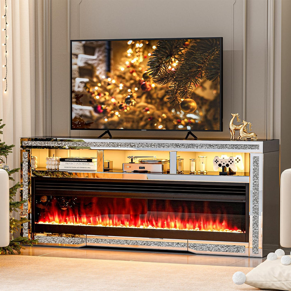 IKIFLY Mirrored Fireplace TV Stand for 65+ inch TV, Silver TV Console Table w...