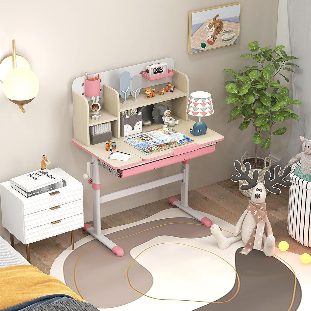 HONEY JOY Kids Desk, Children School Study Desk w/ 7-Level Tiltable Desktop, Height Adjustable Table w/Bookshelf, Pull-Out Drawer & Pen Holder, Student Writing Workstation, Desk for Girls Boys (Pink)