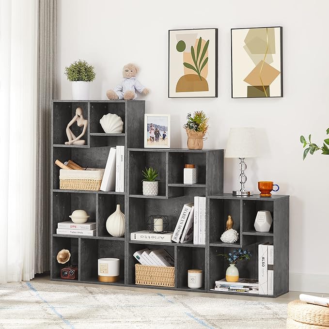 VECELO 5 Cube Modern Bookcases, 3 Tier Bookshelves, 31 Inch High Cubby Storage Organizer, Shelf Hight Up to 12.8 Inches Suit for Most Books, Vertical or Horizontal Use Available,Grey