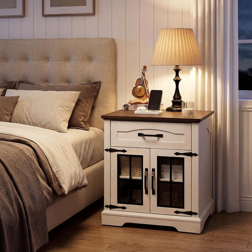 23.6"W Farmhouse End Table Set of 2 with Hidden Charging Station, Side Table with Drawer for Sofa Couch or Bedside, Rustic Wooden Nightstand with Storage for Living Room, Bedroom (Off White Walnut)