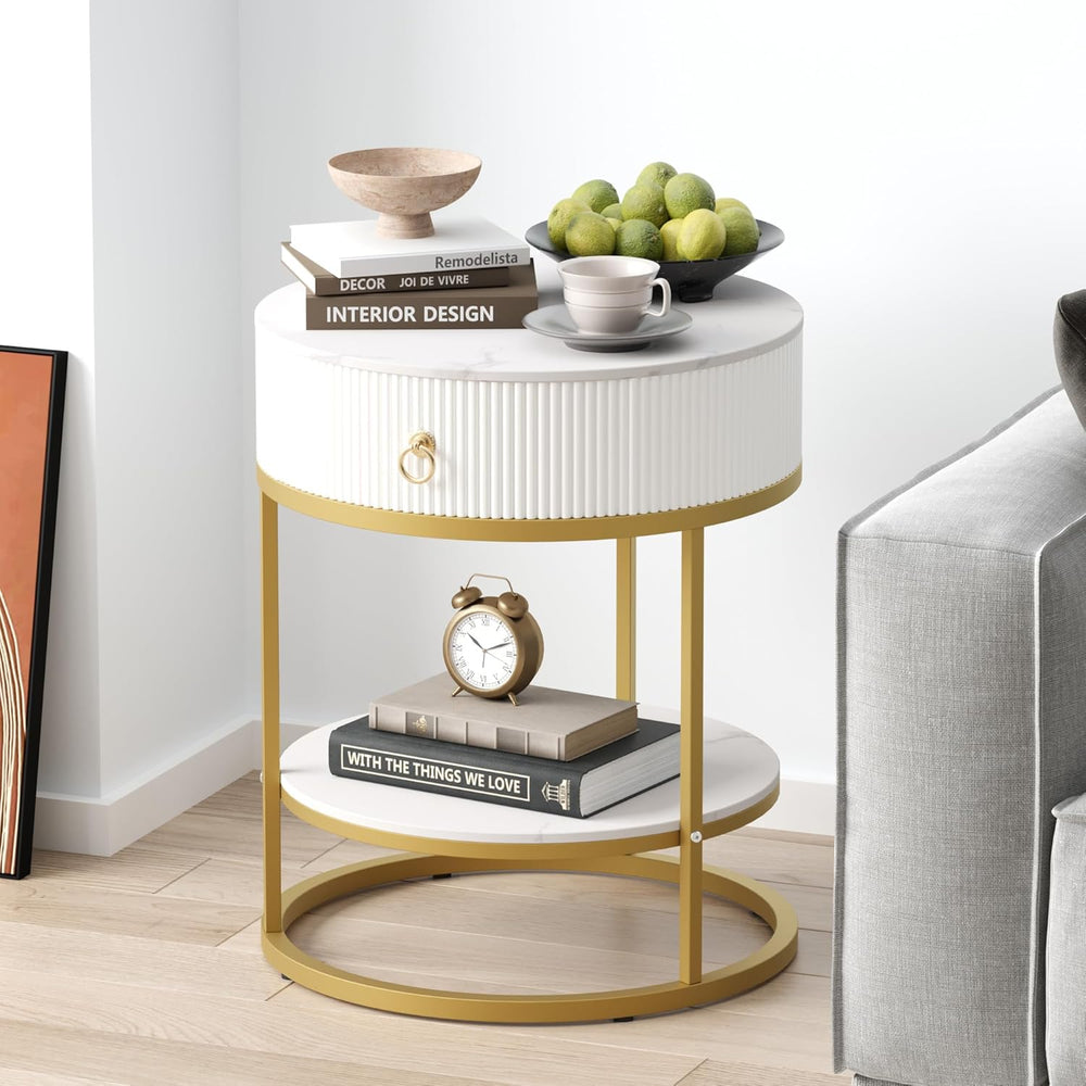 SUNBURY 19.7" Round Side Table with Drawer, Modern Faux Marble End Table...