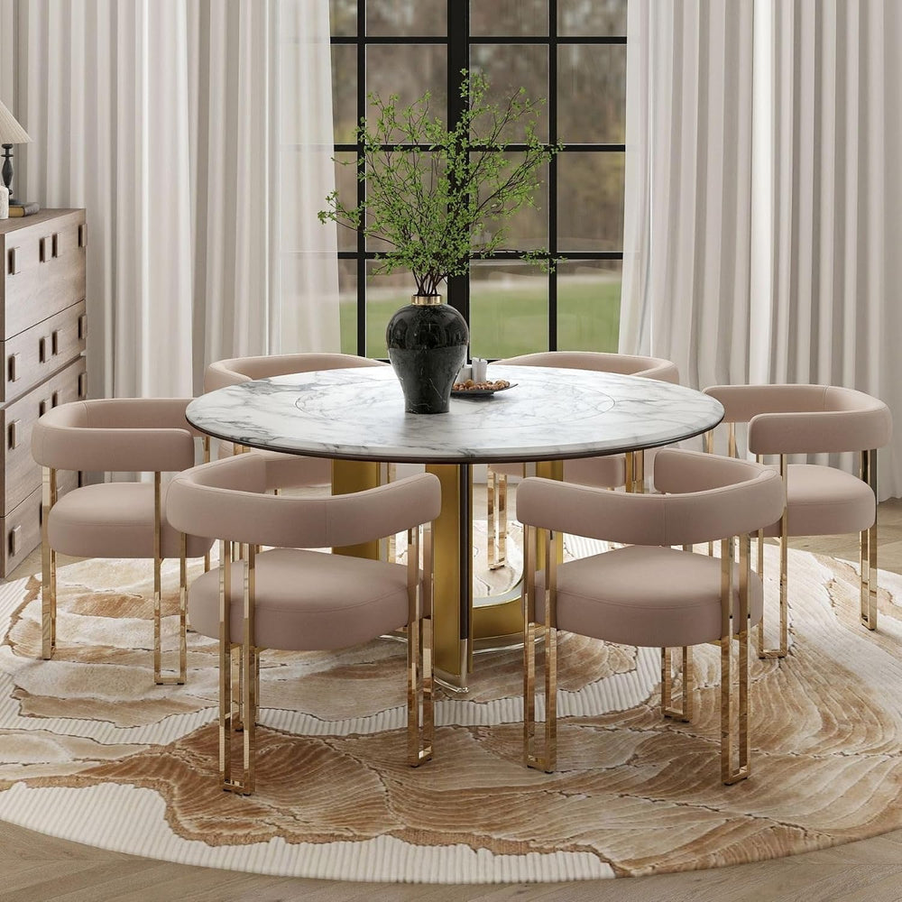 Hyfirm Velvet Dining Chairs Set of 6, Khaki Upholstered Barrel Armchairs with...