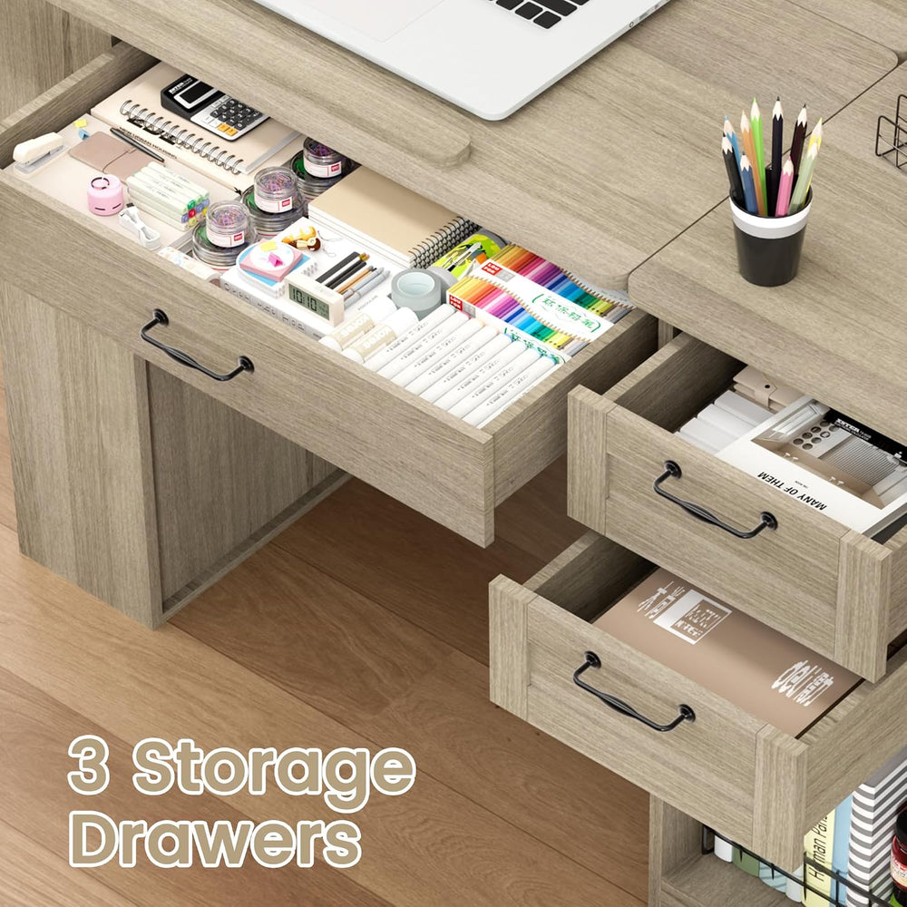 Drafting Table with Storage Cabinet & Drawers, Adjustable Drawing Desk wi...