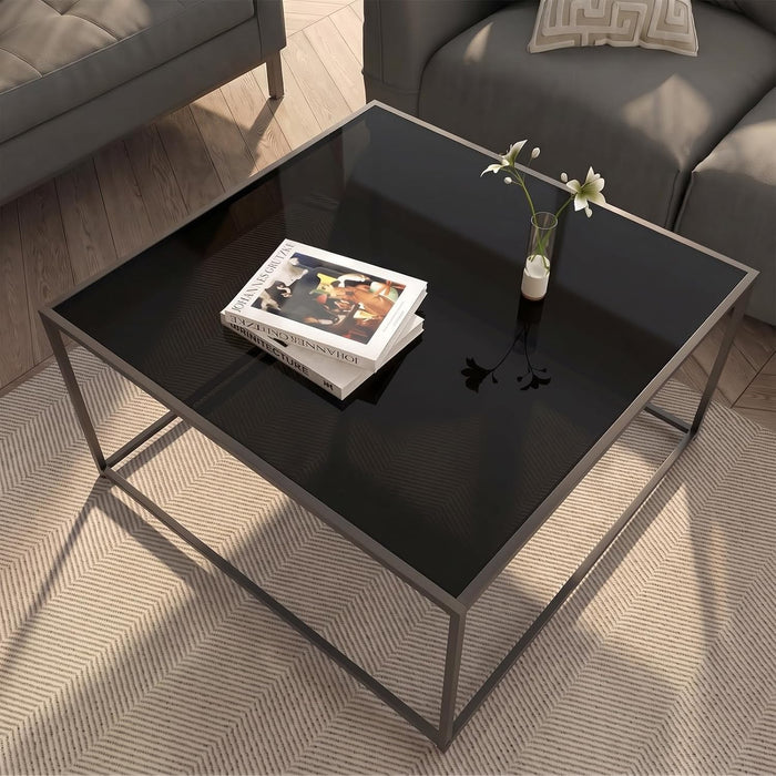 Black Glass Coffee Table, Square Coffee Tables with Storage Shelf, Simple Tea Cocktail Modern Center Tables for Small Space, Living Room, Easy Assembly, 26 * 26in（Gray Black）