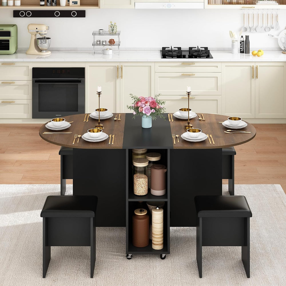 5 PCS Farmhouse Dining Table Set for 4,60" Large Round Folding Dining Ta...