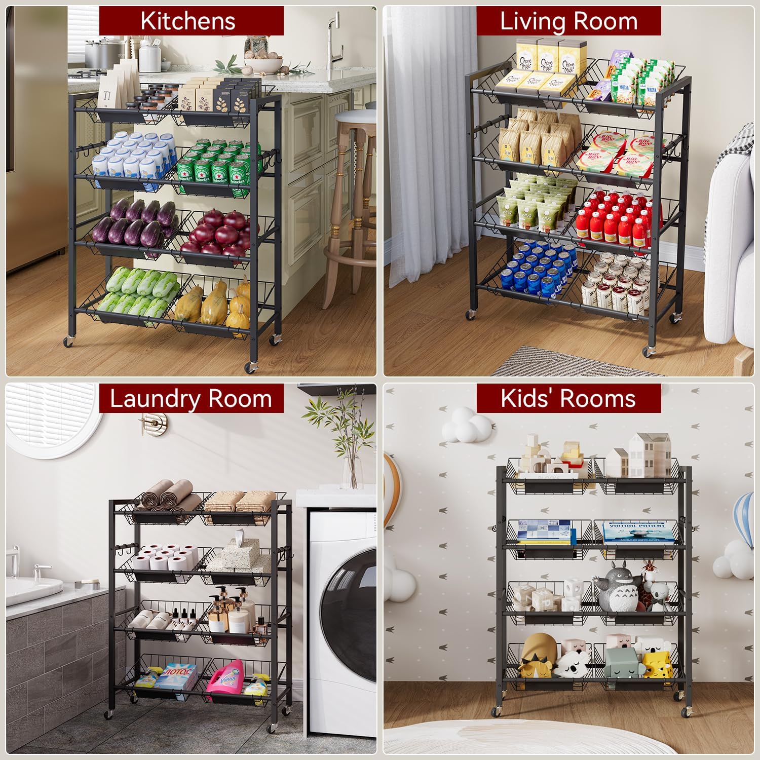 IBUYKE Kitchen Fruit Vegetable Storage Cart,Utility Cart,Black,TLJ025B | 25.2" W Metal Rolling Snack Cart with 8 Removable Basket,Pantry Cart with Wheels for Veggie Onion Potato Bin
