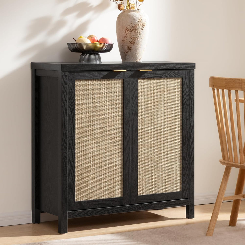 SICOTAS Rattan Black Sideboard Buffet Storage Cabinet with Large Storage