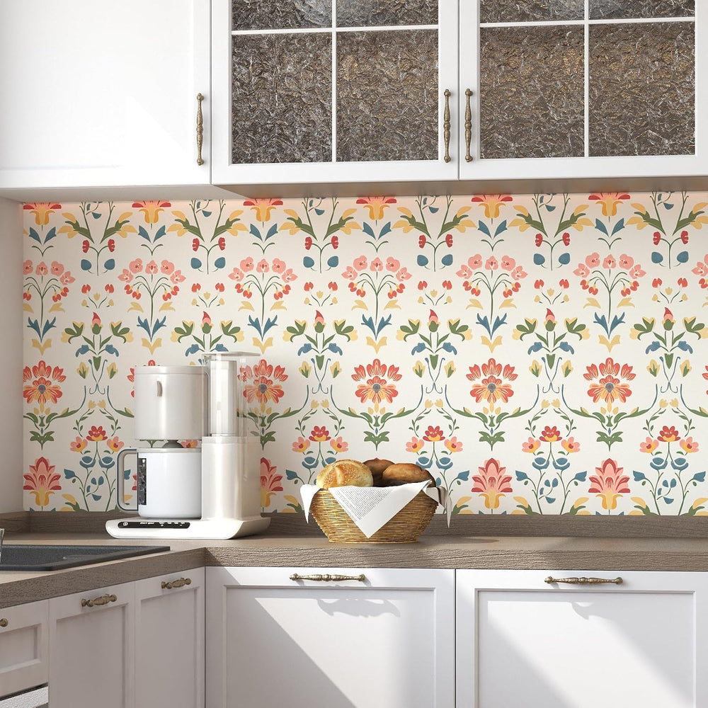 Vintage Cream Folk Art Floral Peel and Stick Wallpaper 17.5" x 197"