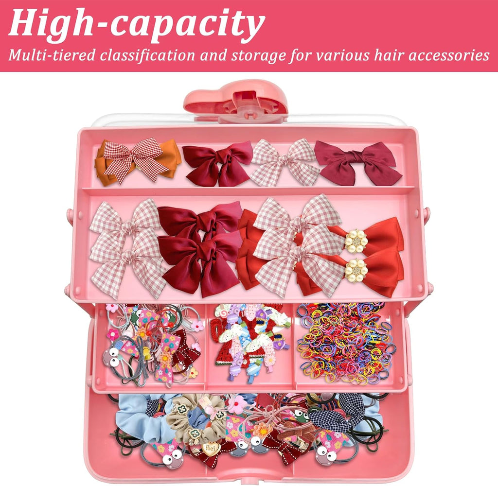 3-Tier Lockable Hair Accessories Organizer for Girls - Foldable Craft Storage Box Pink Plastic box with 2 Trays for Headbands, Art Supplies, Beads & Washi Tapes