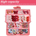 3-Tier Lockable Hair Accessories Organizer for Girls - Foldable Craft Storage Box Pink Plastic box with 2 Trays for Headbands, Art Supplies, Beads & Washi Tapes