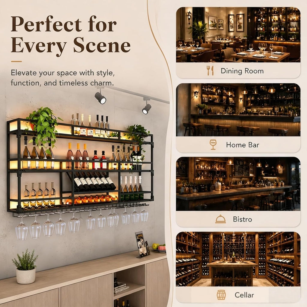 59Inch Metal Wall-Mounted Wine Rack with LED Light - 3 Tier Wine Storage Display Rack with Glass Holder - Space-Saving Bottle Display Shelf for Home Bars, Dining Rooms, Black