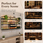 31Inch Metal Wall-Mounted Wine Rack with LED Light - 3 Tier Wine Storage Display Rack with Glass Holder - Space-Saving Bottle Display Shelf for Home Bars, Dining Rooms, Black