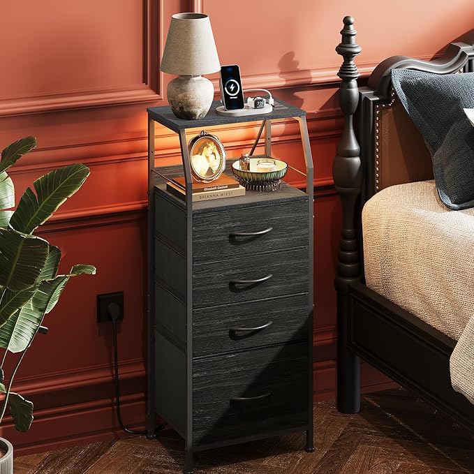 WLIVE Nightstand with Charging Station, Black Night Stand with LED Light, Tal...