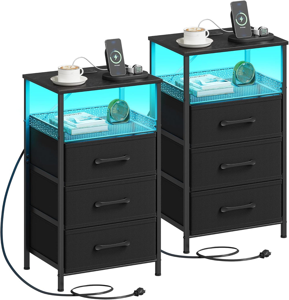 JARHETUN Night Stand Set 2 with Charging Station, 3 Drawer Nightstands with L...