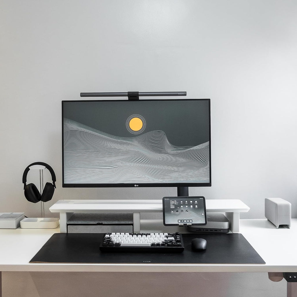 Raico Desk Cockpit Shelf Monitor Stand System Dual Screen Setup Wood Large Desk Accessory Organizer Unit (Matte White, Medium v2 | 36 Inches)